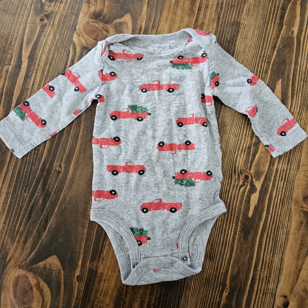 Gray Baby Onesie with Red Truck Christmas print